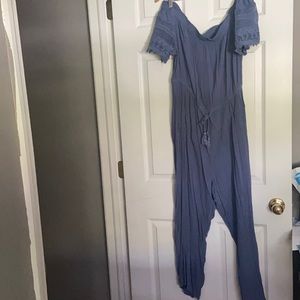 Worn one time off the shoulder dusty blue romper